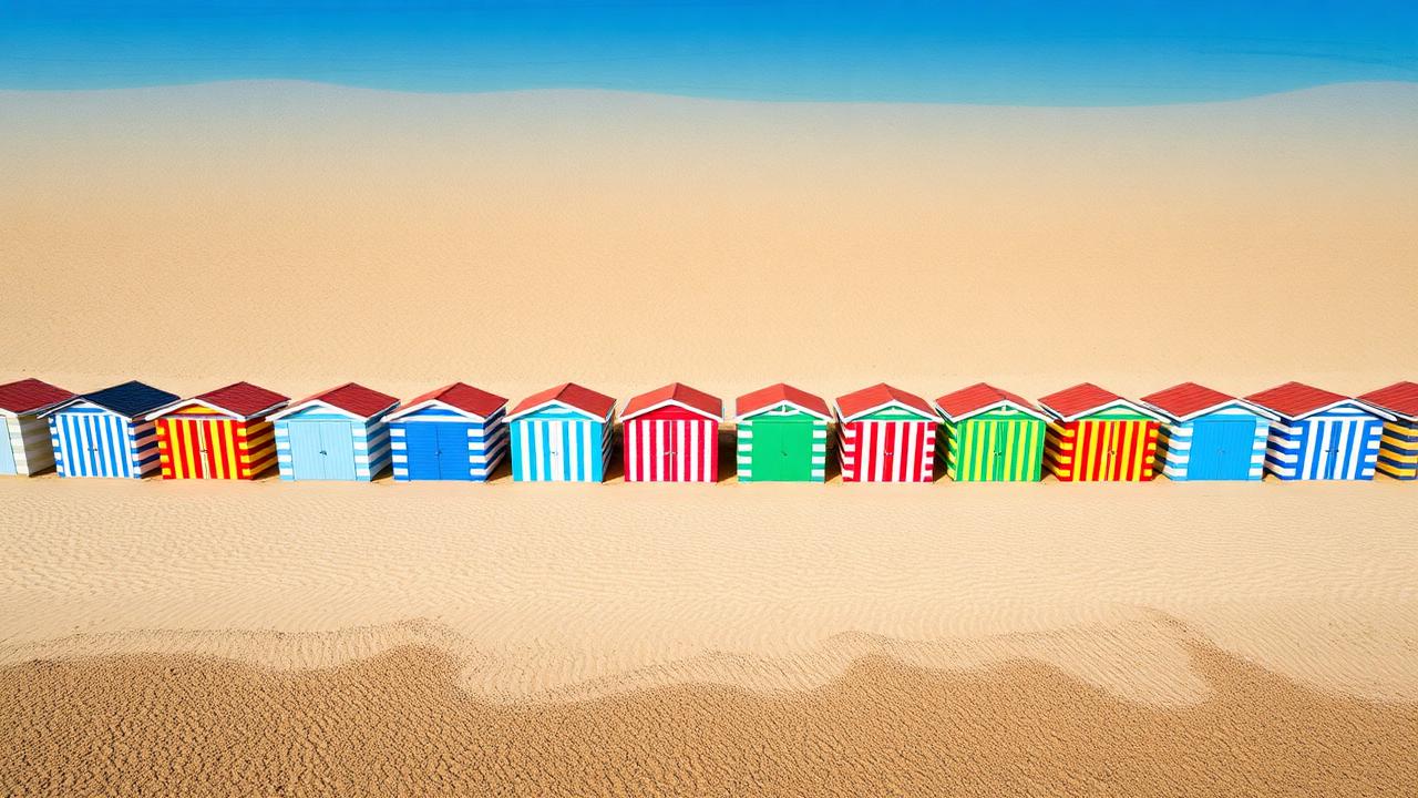 Cabines de plage colorées sur le sable de Stella-Plage, Côte d'Opale